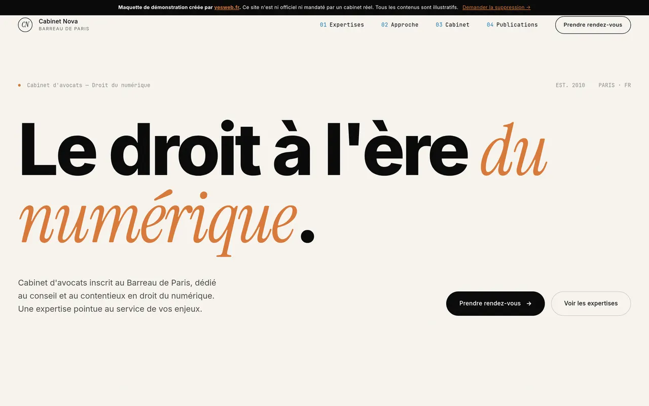 Aperçu d'un site web premium pour cabinet d'avocats en droit du numérique, direction ocre