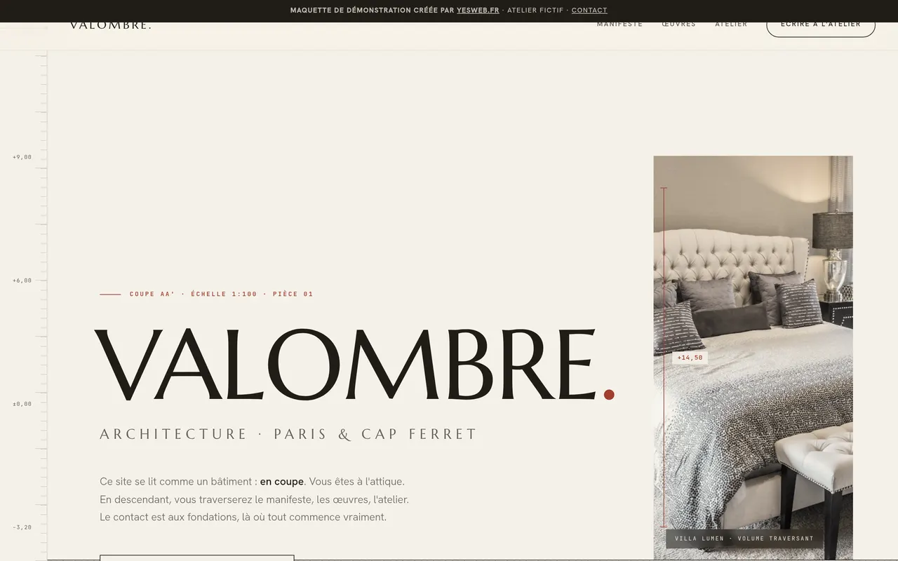 Aperçu d'un site web sur-mesure pour cabinet d'architectes, design éditorial Valombre